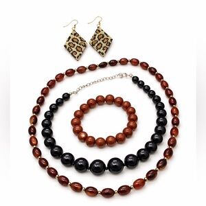 4-Pcs Boho Beaded Jewelry Set-Black & Brown Necklaces, Miyuki Earrings Bracelet